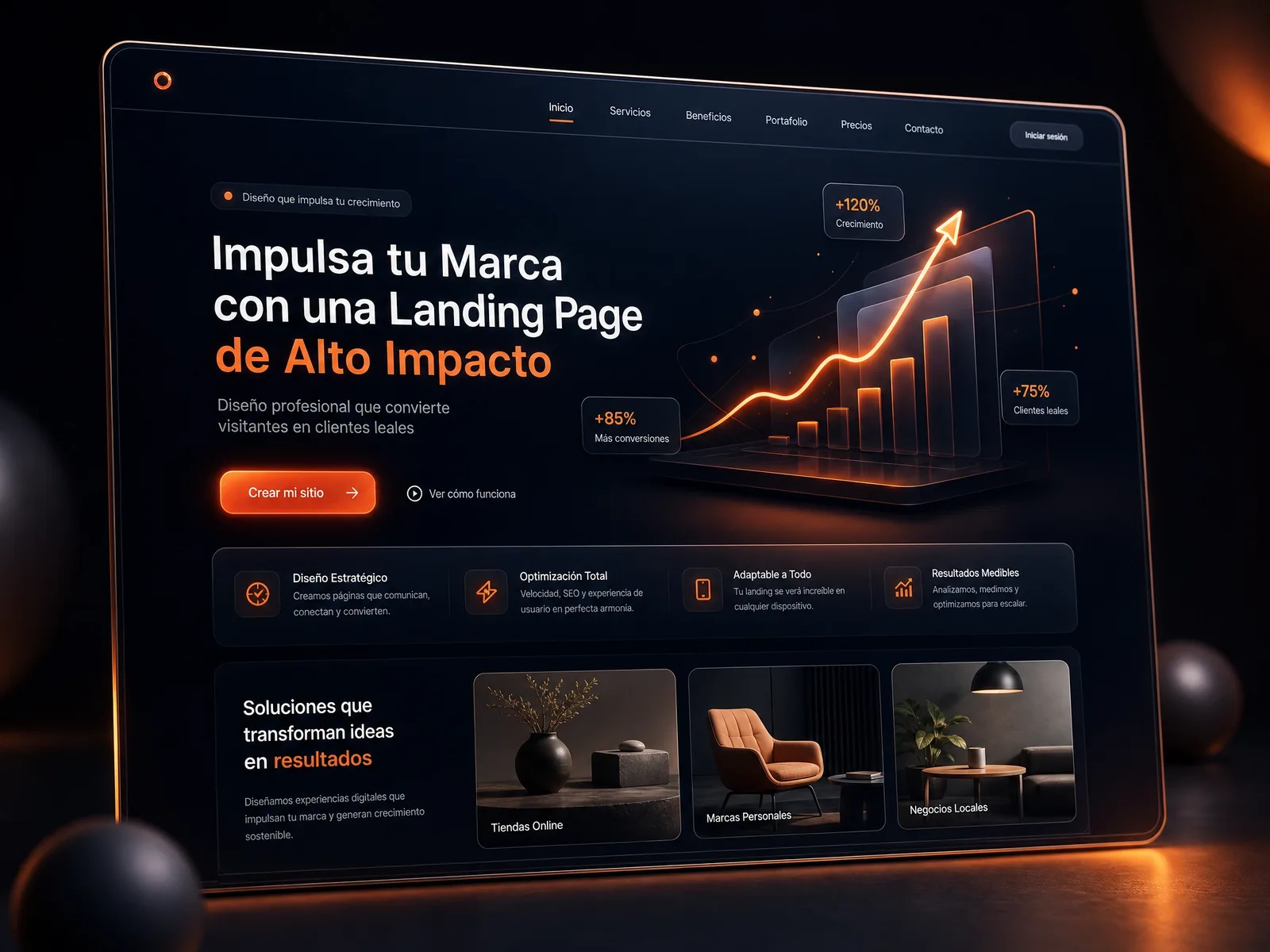 Render de una landing page de alto impacto diseñada por Zakumi